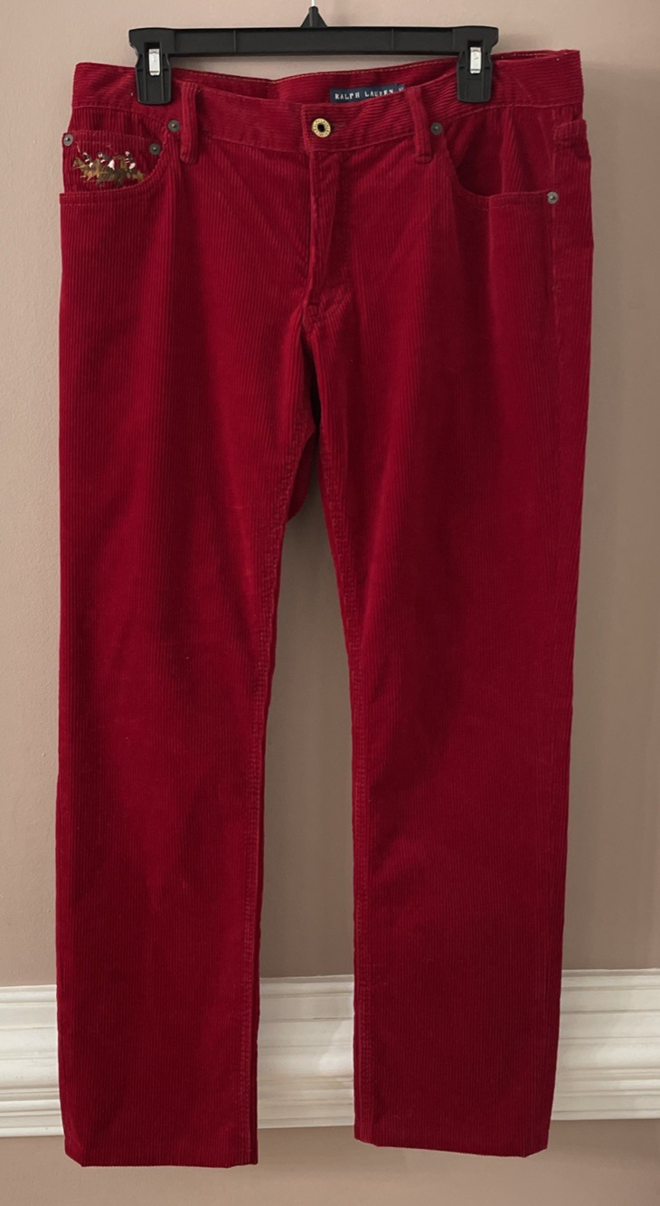 Ralph Lauren Red Corduroy Jeans Womens 12 Thompson 650 Skinny Stretch